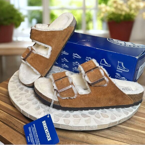 Birkenstock Arizona Shearling Mink Suede Leather Slip-On  Slides Sandals Unisex - Picture 5 of 12